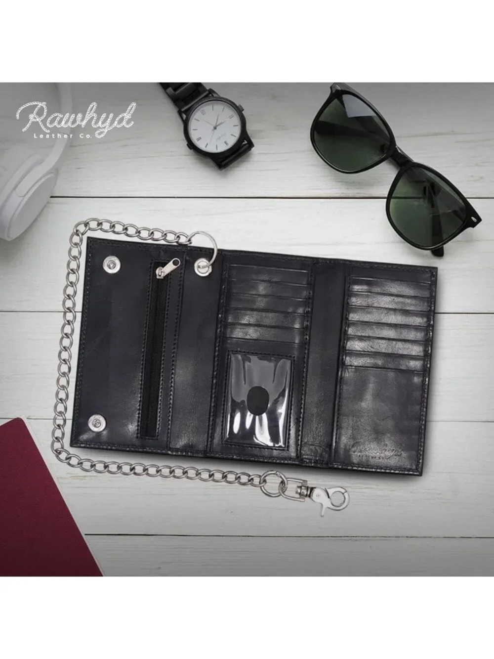 Full Grain Leather Biker Wallet with Chain for Men - Zipper Coin Pocket, ID